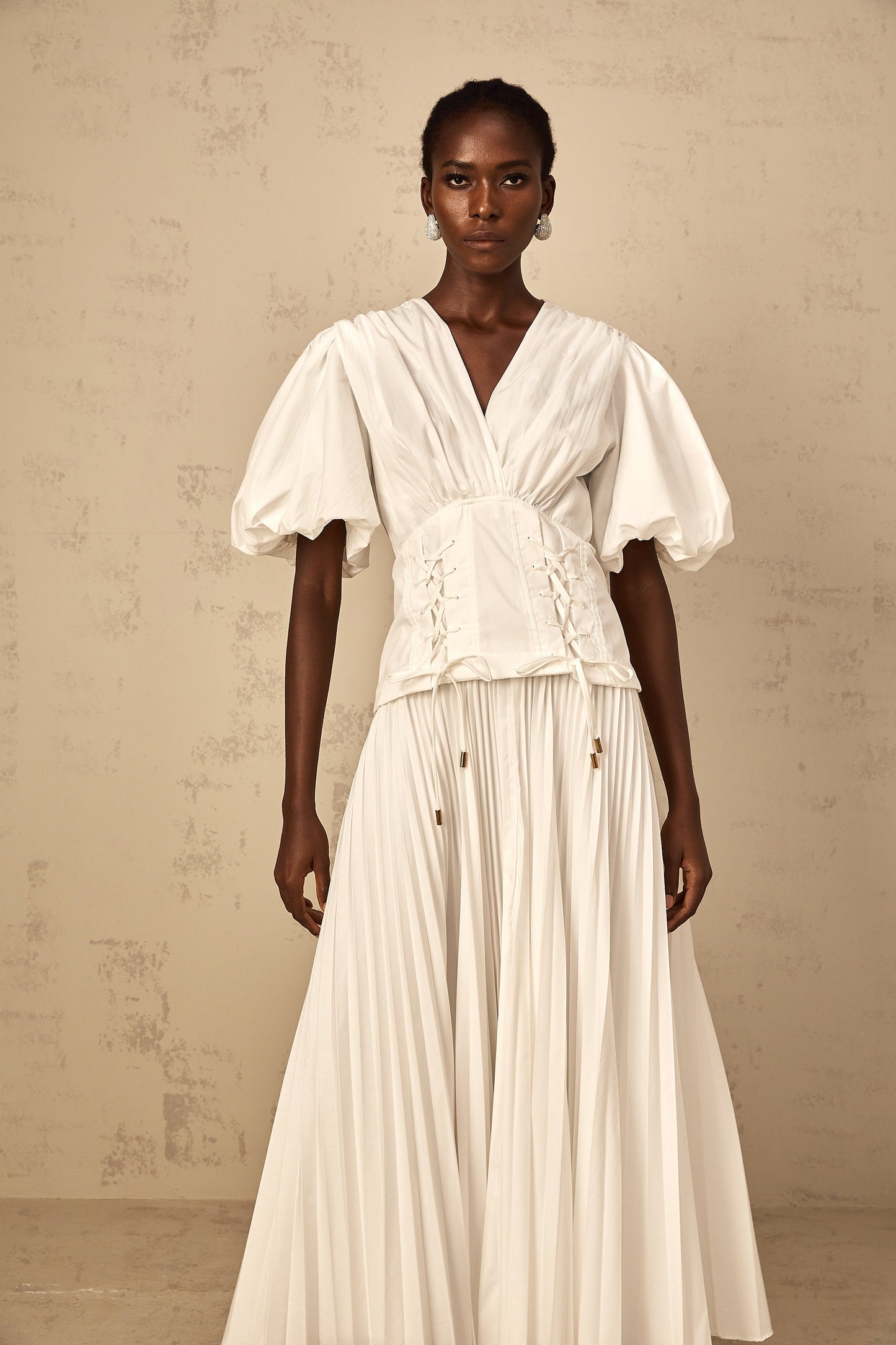 Vienne White Lace-Up Pleated Maxi Dress