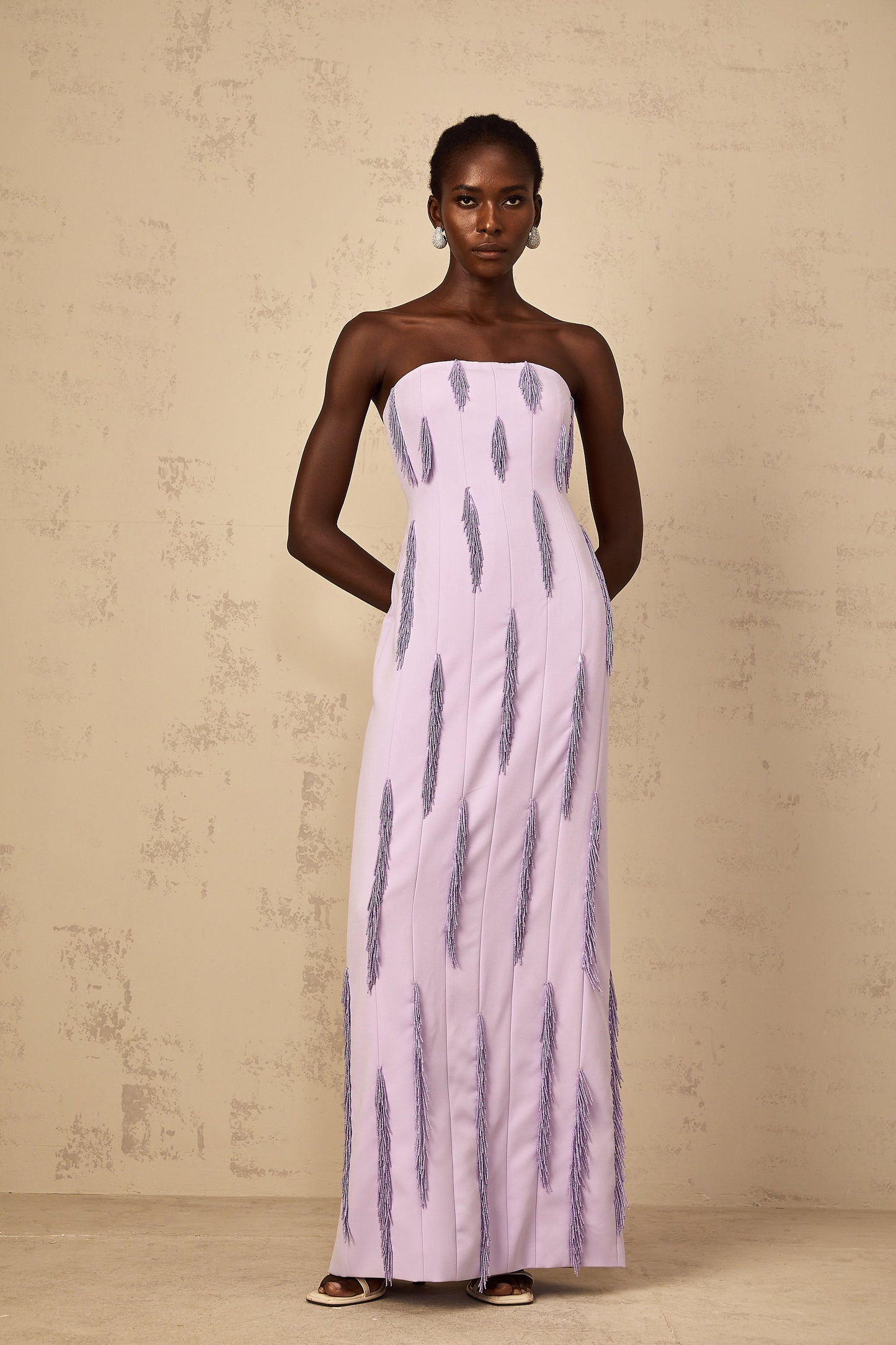 Émilie Purple Beaded Fringed Detail Maxi Dress