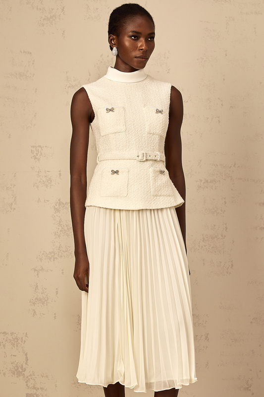Dulcie Off-White Tulle Panel Tweed Midi Dress