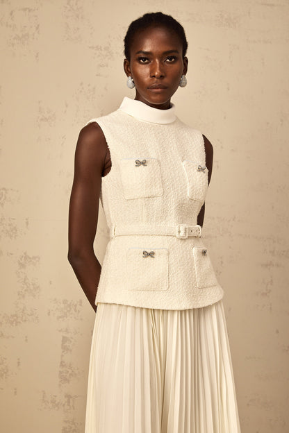 Dulcie Off-White Tulle Panel Tweed Midi Dress