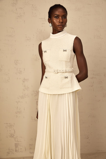 Dulcie Off-White Tulle Panel Tweed Midi Dress
