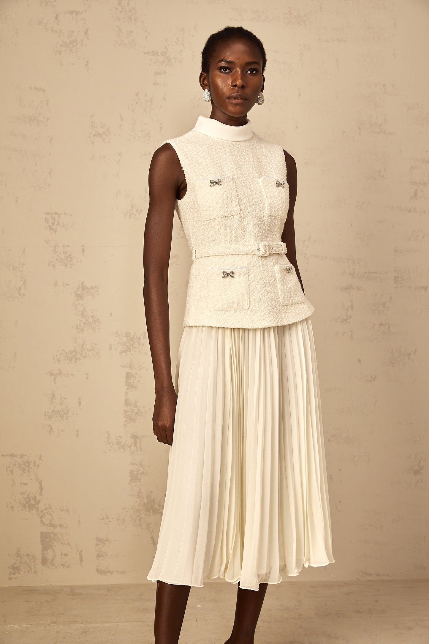 Dulcie Off-White Tulle Panel Tweed Midi Dress