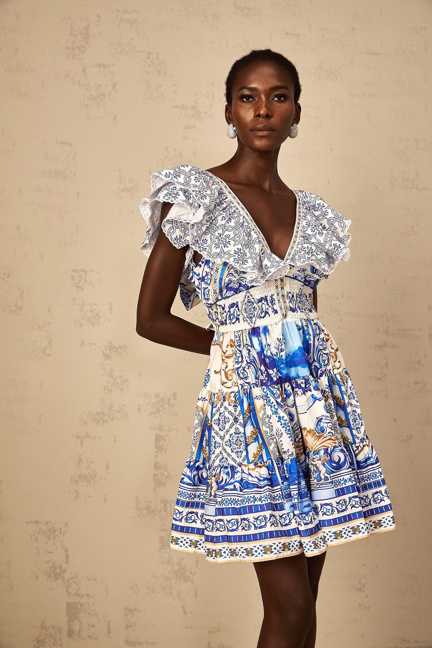 Calliopée Blue Baroque Print Tiered Mini Dress