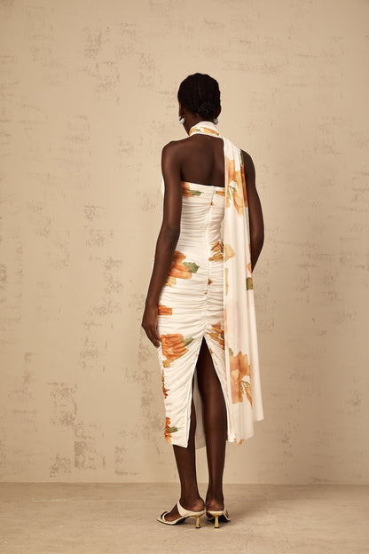 Frida white floral-print ruched tulle midi dress