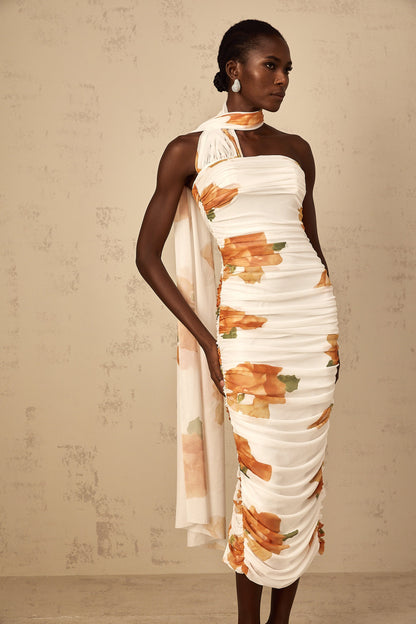 Frida white floral-print ruched tulle midi dress