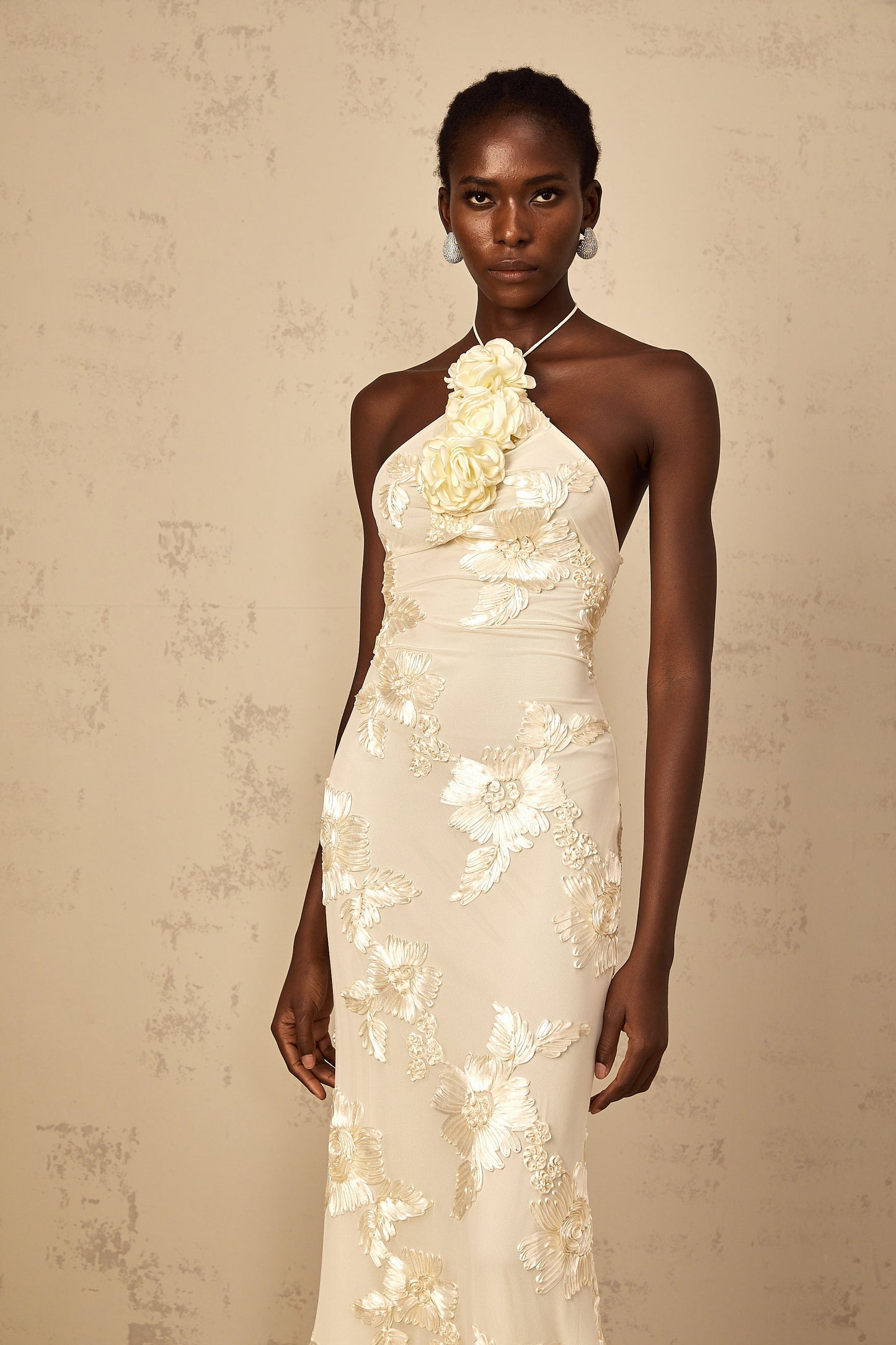 Melanie Neutrals Embroidered Halterneck Maxi Dress