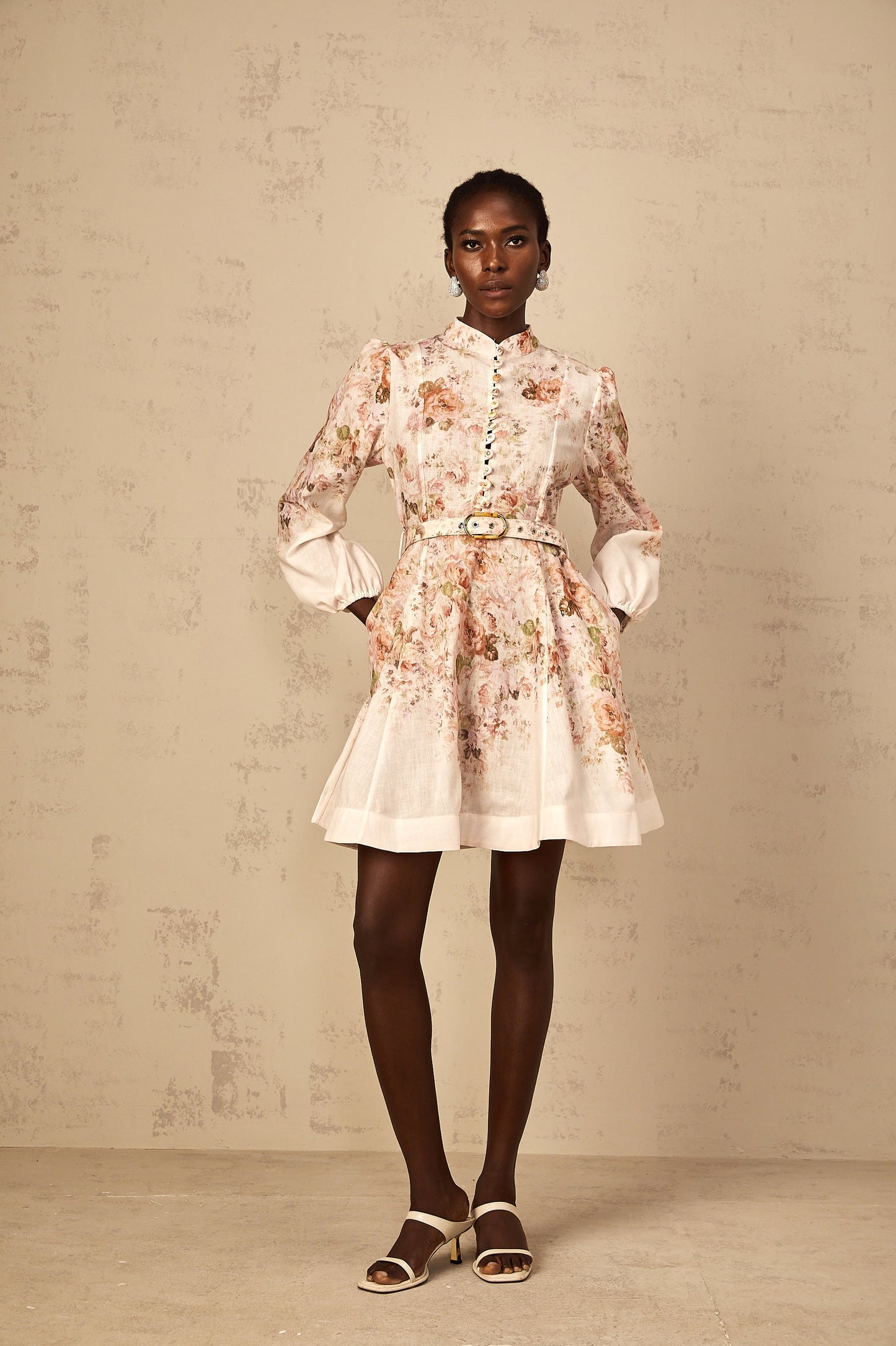 Bianca Beige Floral Print Mini Dress