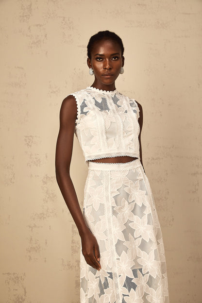 Mailys Floral Embroidered Top & Skirt Set in White