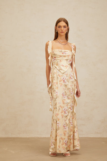 Alizée Yellow Floral Print Mermaid Maxi Dress