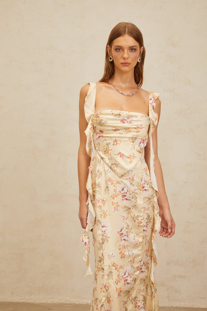 Alizée Yellow Floral Print Mermaid Maxi Dress