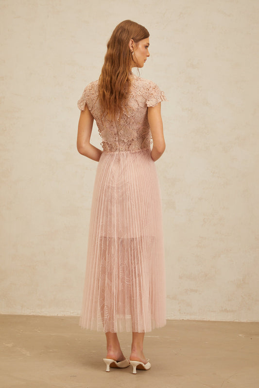 Airelle Pink Floral Embroidered Tulle Midi Dress