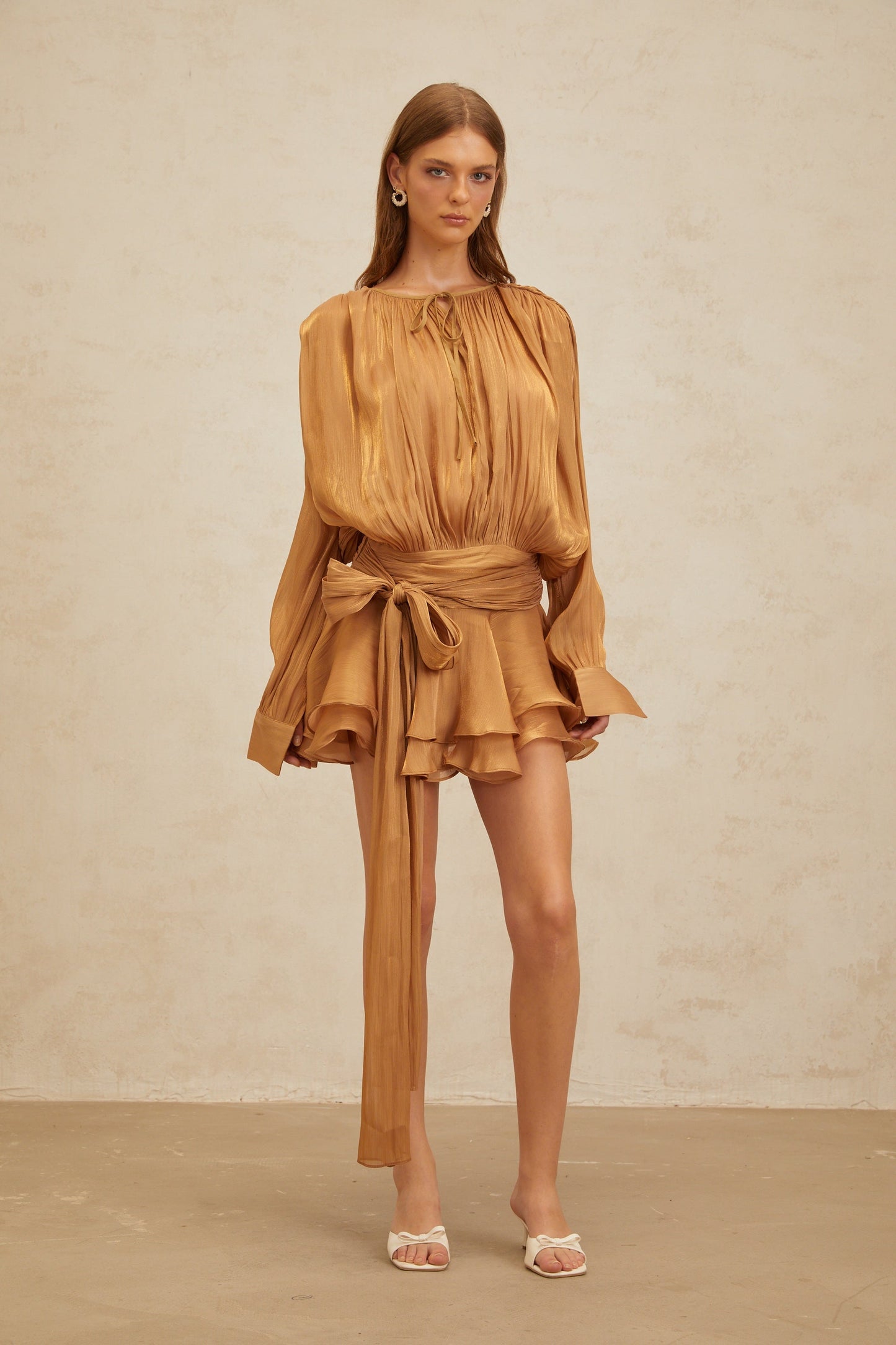 Eugénie Gold Fully Pleated Ruffled Mini Dress