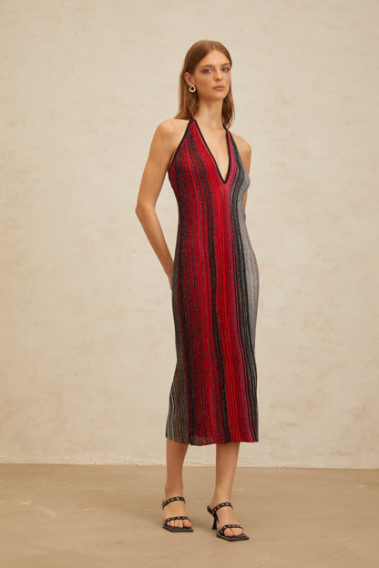 Amaryllis Red Sequined Striped Knit Midi Dress