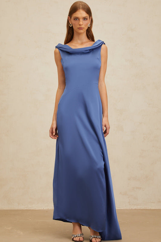 Éliane Sapphire Open-Back Satin Maxi Dress