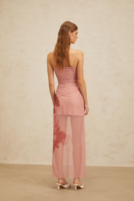 Amandine Pink Floral Print Tulle Maxi Dress