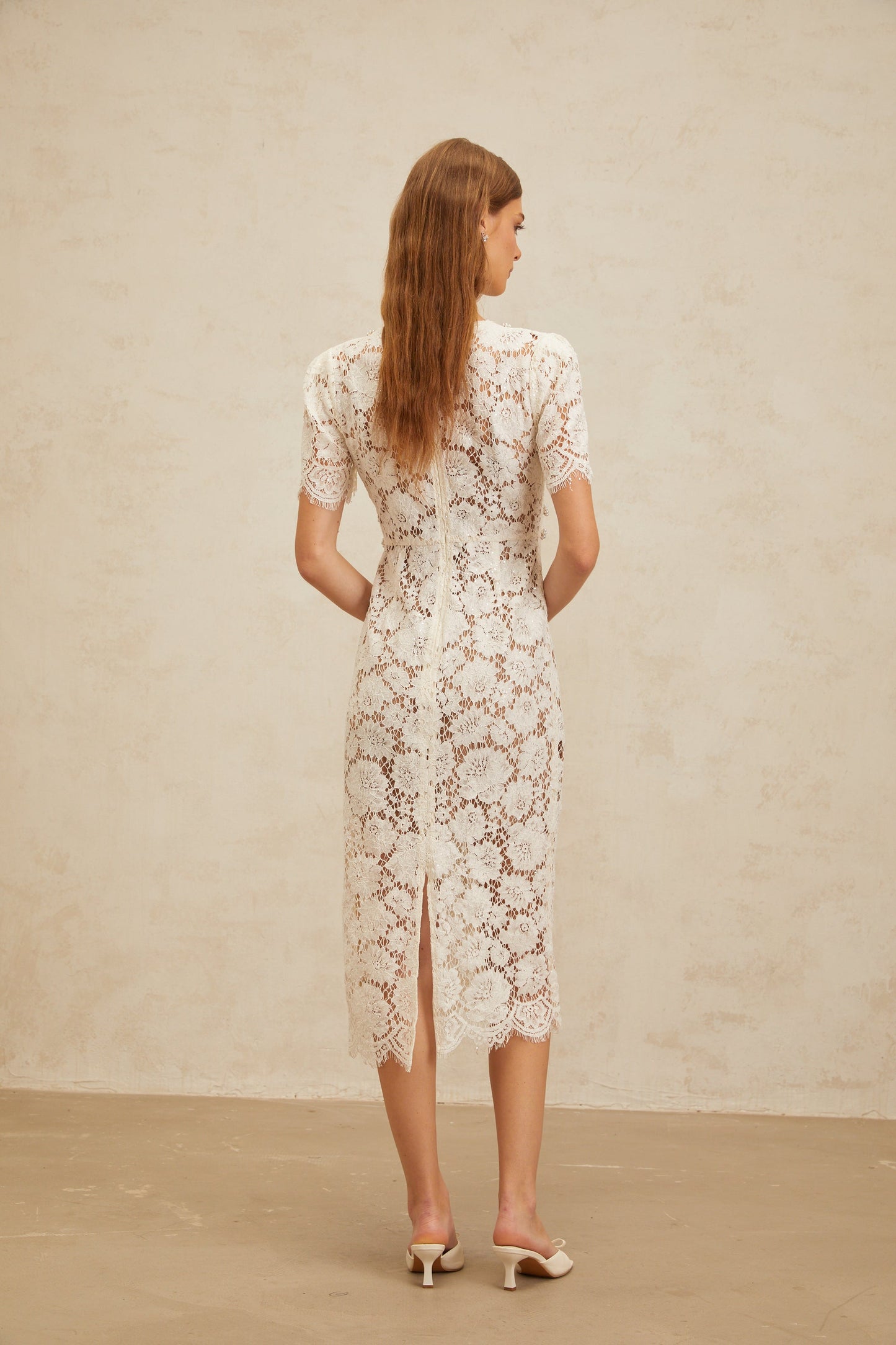 Aurore White Floral Lace Pencil Midi Dress