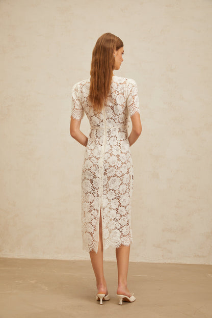 Aurore White Floral Lace Pencil Midi Dress