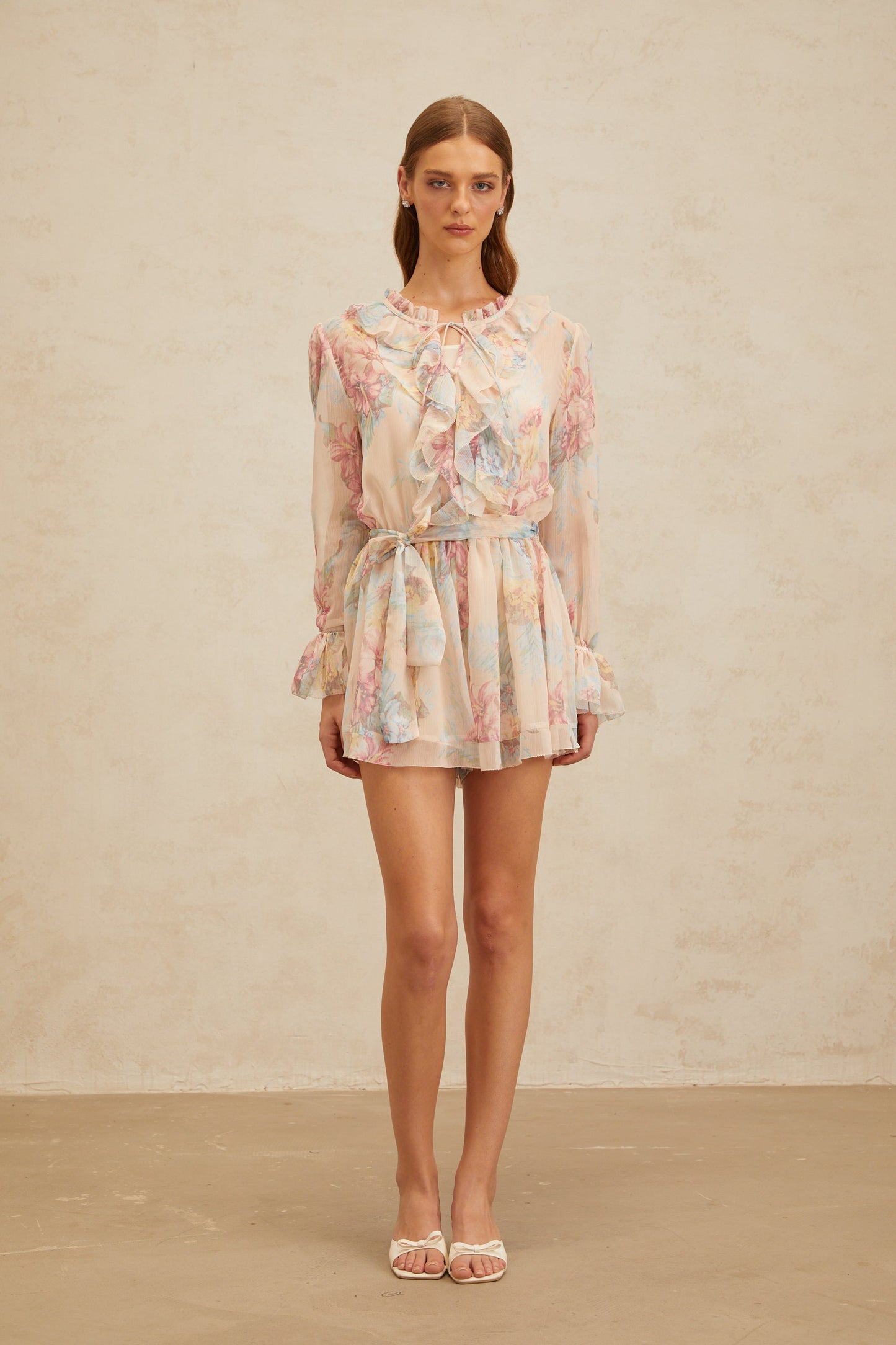 Aurore Neutral Floral Print Ruffled Chiffon Playsuit
