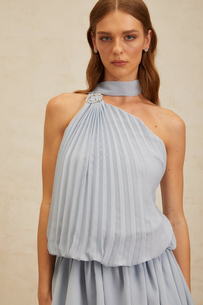 Angèle Blue Halterneck Fully Pleated Mini Dress
