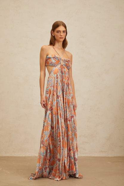 Andréa Orange Floral Print Pleated Maxi Dress with Cutout Detail