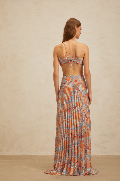 Andréa Orange Floral Print Pleated Maxi Dress with Cutout Detail