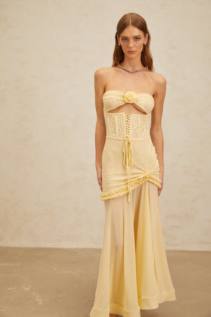 Estelle Yellow Lace Panel Corset Maxi Dress