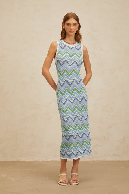 Solène Blue Chevron Knit Midi Dress