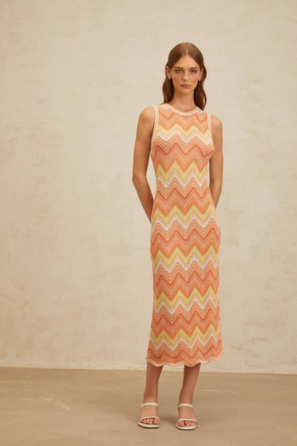 Solène Orange Chevron Knit Midi Dress