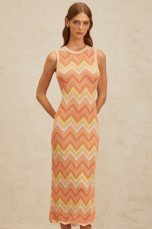 Solène Orange Chevron Knit Midi Dress
