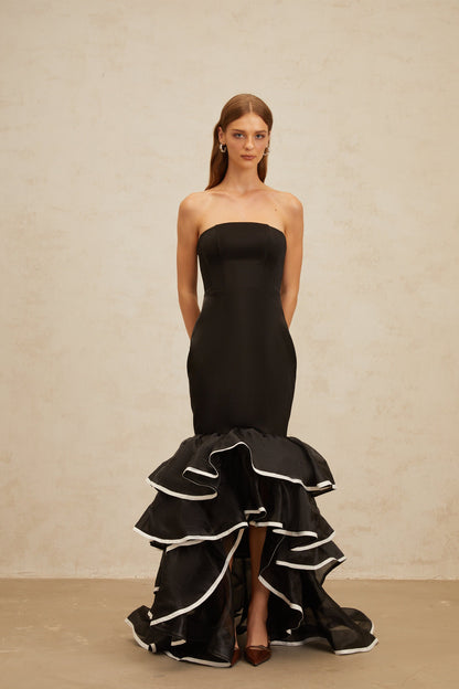 Dianthe Black Ruffled Mermaid Tiered Maxi Dress