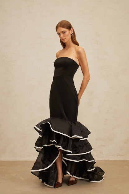 Dianthe Black Ruffled Mermaid Tiered Maxi Dress