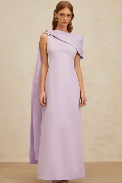 Annabelle Purple Cape-Design Ribbon Maxi Dress