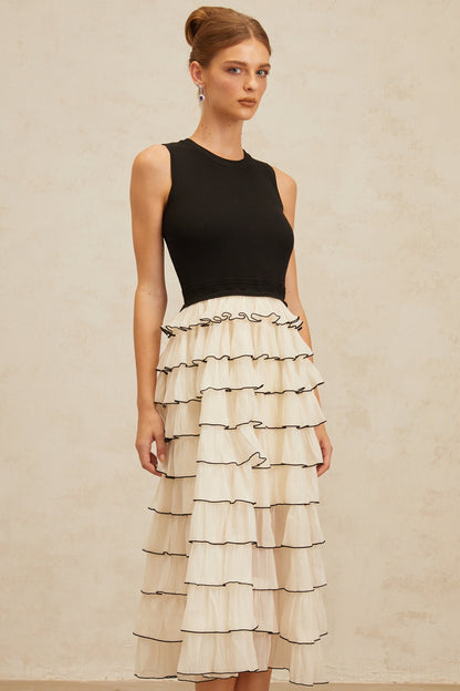 Anouk Contrast Color Tiered Panelled Midi Dress