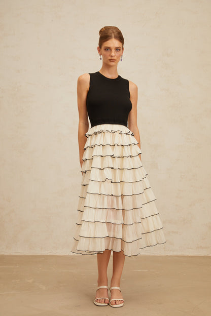 Anouk Contrast Color Tiered Panelled Midi Dress