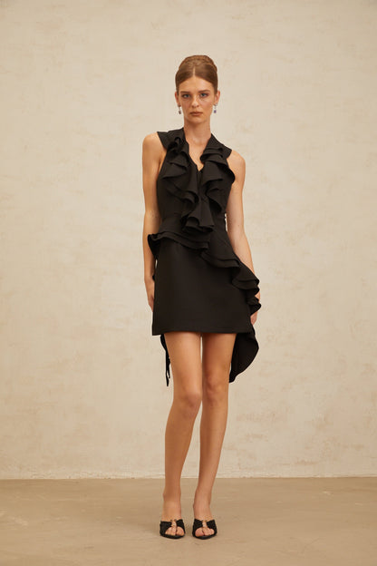 Estelle Black Asymmetrical Ruffled Cocktail Mini Dress