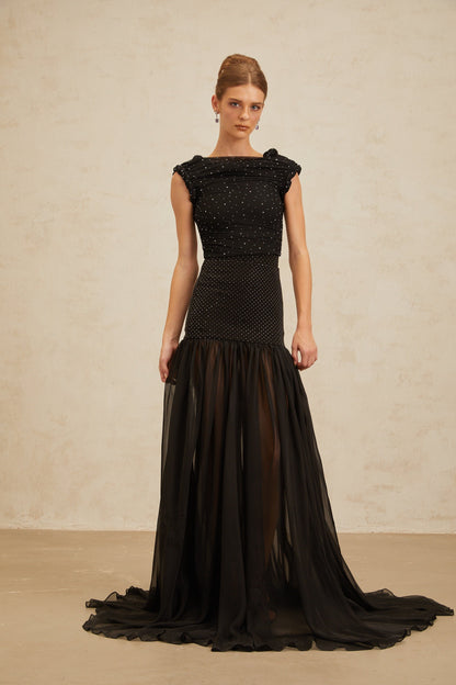 Diane Black Embellished Ruched Crop Top