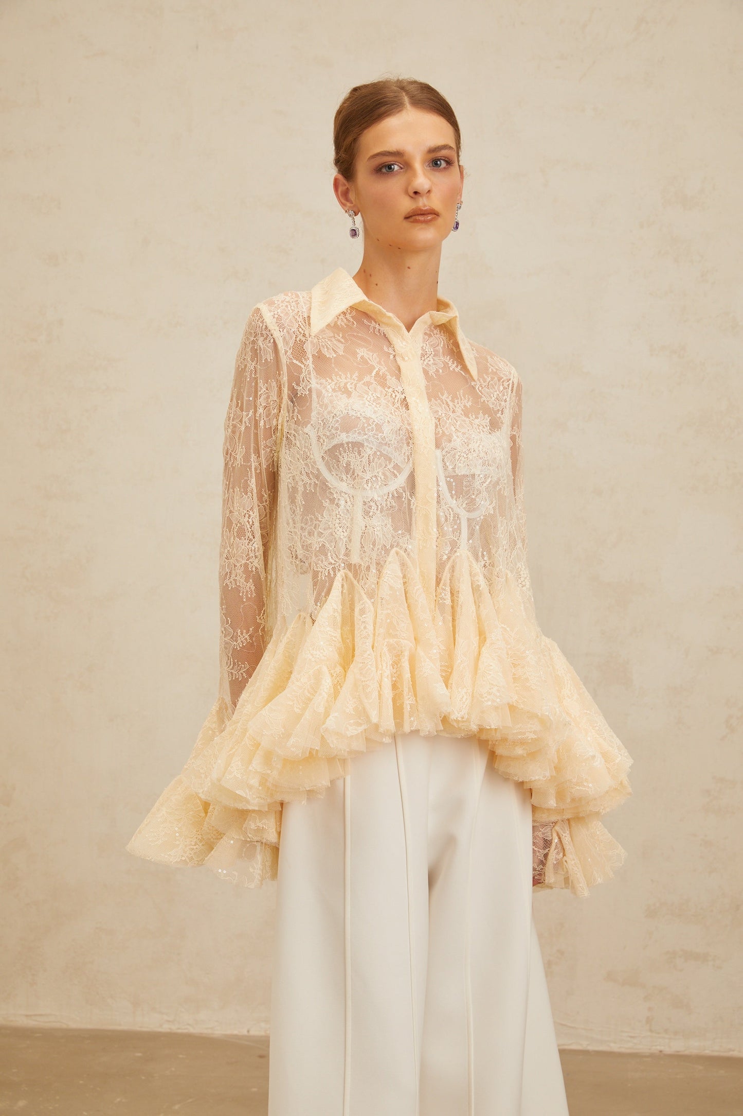 Ingrid Neutral Peplum Floral Lace Blouse