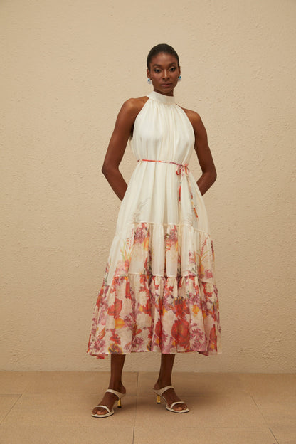 Fleur Neutral Shirred Floral Midi Dress