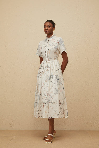 Héloïse White Floral Print Summer Midi Dress