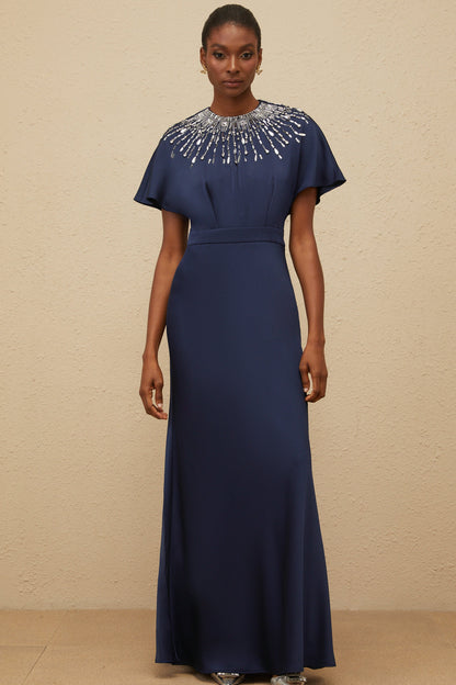 Ombrage Blue Embellished Satin Maxi Dress