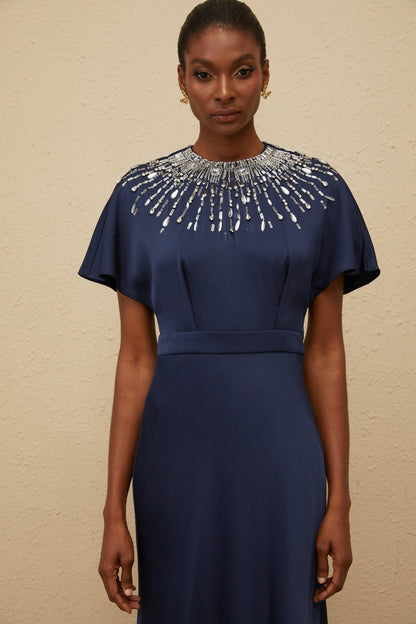 Ombrage Blue Embellished Satin Maxi Dress
