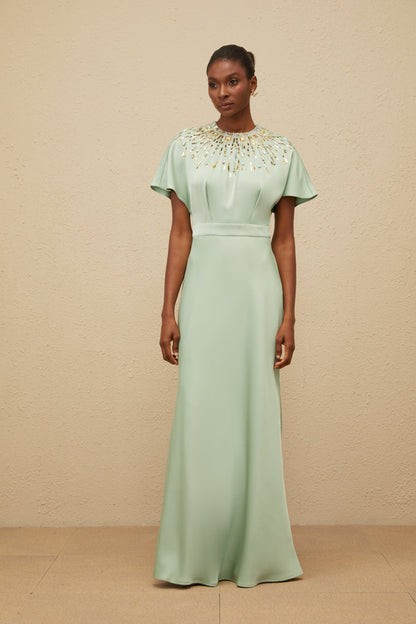 Ombrage Green Embellished Satin Maxi Dress