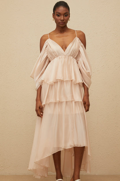 Laurine Asymmetrical Ruffled Tiered Midi Dress