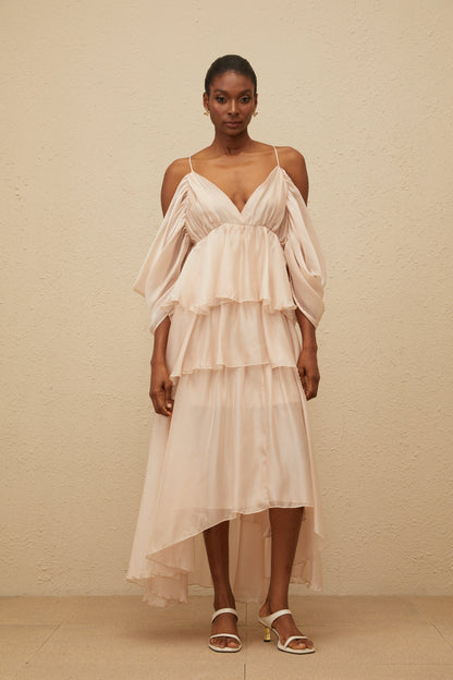 Laurine Asymmetrical Ruffled Tiered Midi Dress