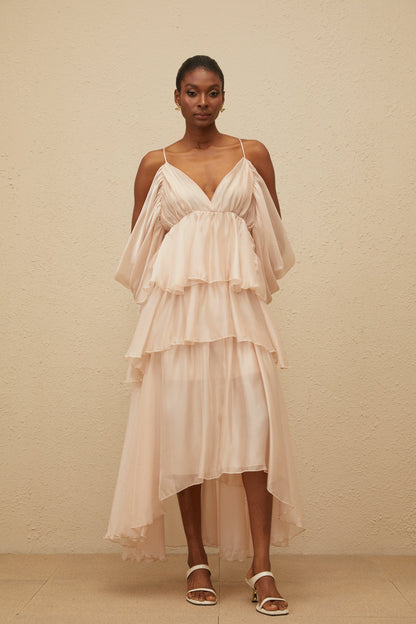 Laurine Asymmetrical Ruffled Tiered Midi Dress
