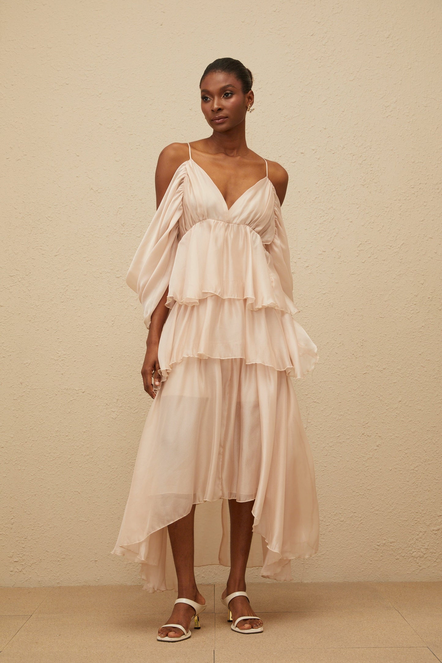 Laurine Asymmetrical Ruffled Tiered Midi Dress
