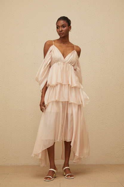 Laurine Asymmetrical Ruffled Tiered Midi Dress