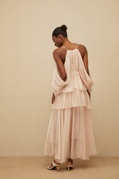 Laurine Asymmetrical Ruffled Tiered Midi Dress