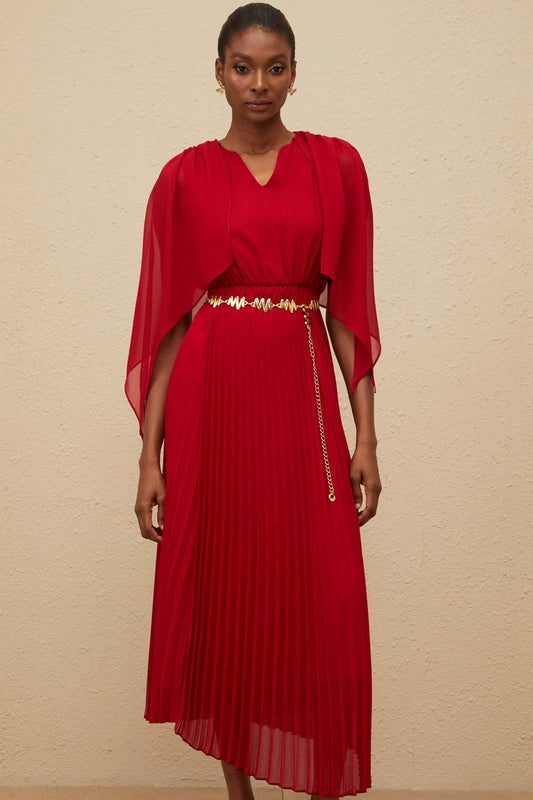 Émilie Red Pleated Maxi Dress with Cape Detail
