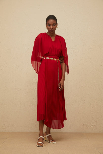 Émilie Red Pleated Maxi Dress with Cape Detail